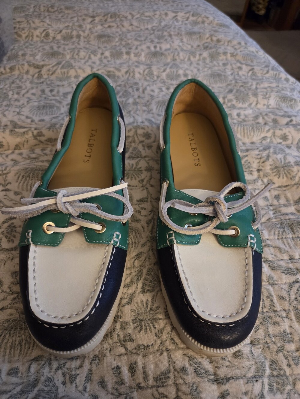 Talbots Tricolor Leather Boat Shoes  in Green, White & Navy